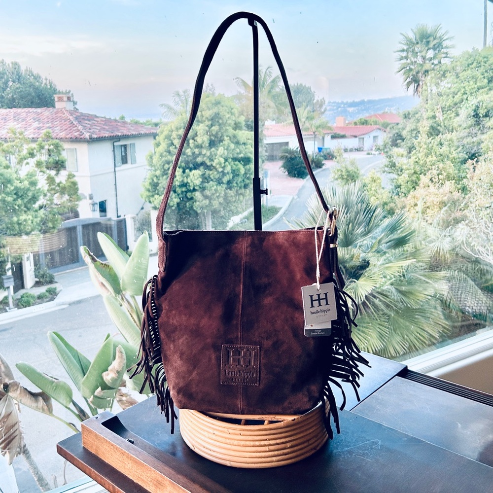 Haute Hippie Suede Fringe Bucket Bag, Dark Brown, Boho slouchy design ⭐️NWT⭐️ - Picture 1 of 13